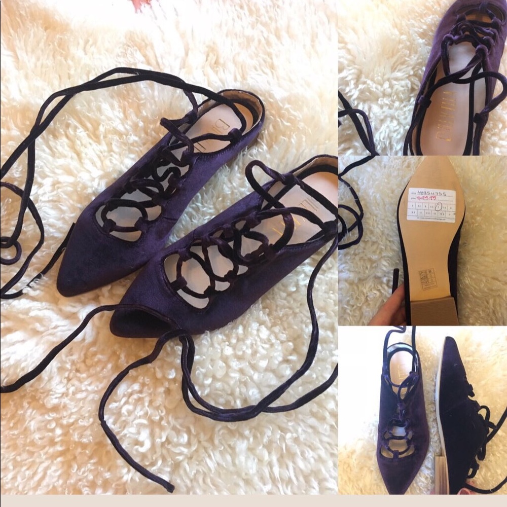 Purple suede ankle tie flats